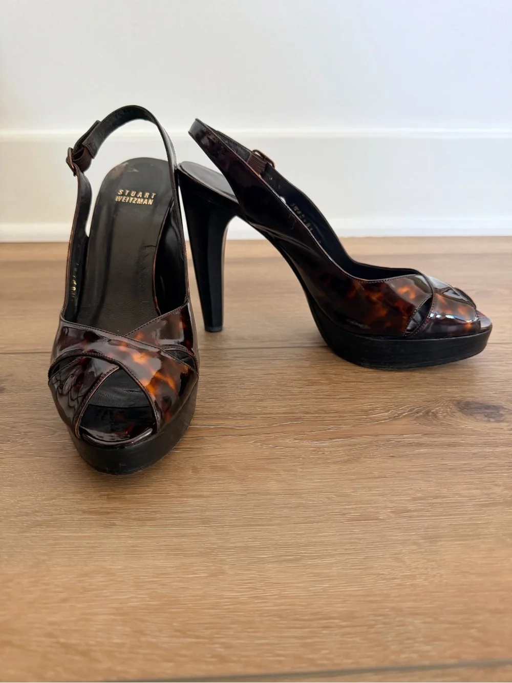 Stuart Weitzman Tortoiseshell Patent Leather Peep-Toe Platform Slingbacks